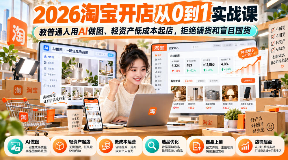 2026淘宝开店从0到1实战课，教普通人用AI做图、轻资产低成本起店，拒绝铺货和盲目囤货-站长V课