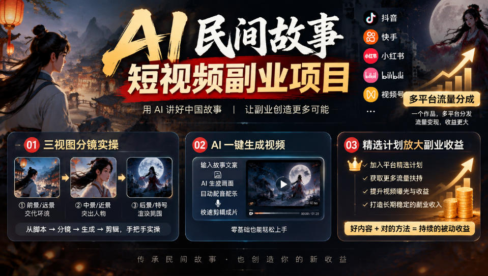 AI民间故事短视频副业项目，多平台流量分成，三视图分镜实操，精选计划放大副业收益-站长V课