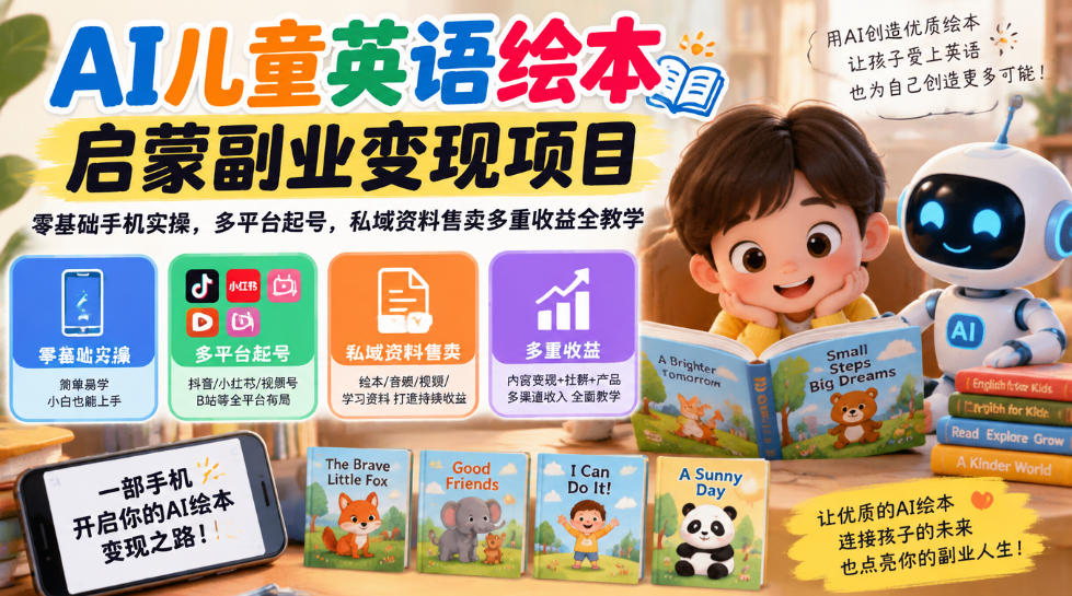 AI儿童英语绘本启蒙副业变现项目，零基础手机实操，多平台起号，私域资料售卖多重收益全教学-站长V课