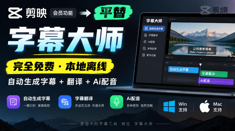 剪映会员功能平替，字幕大师完全免费本地离线，支持自动生成字幕+翻译+Ai配音，Win和Mac都支持！-站长V课