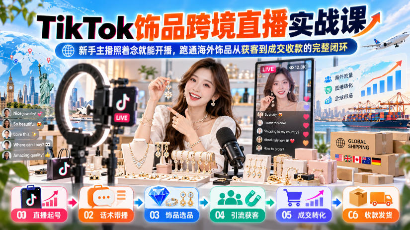TikTok饰品跨境直播实战课，新手主播照着念就能开播，跑通海外饰品从获客到成交收款的完整闭环-站长V课