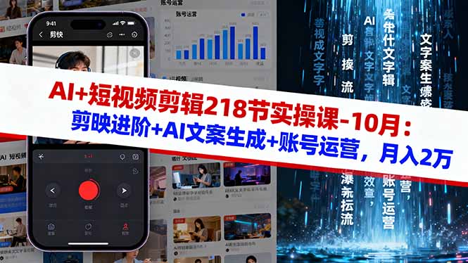 AI+短视频剪辑218节实操课-10月:剪映进阶+AI文案生成+账号运营,月入2万-站长V课
