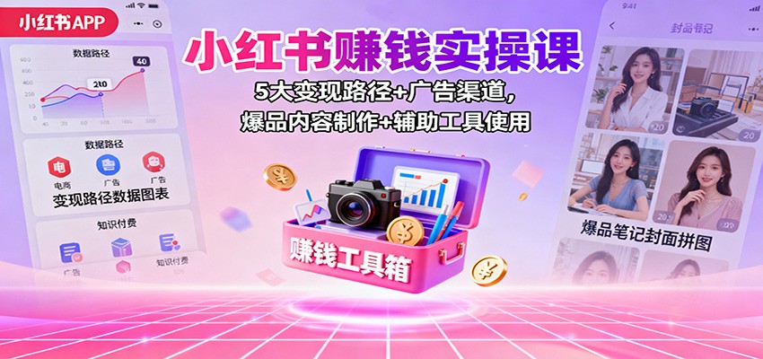 小红书赚钱实操课:5大变现路径+广告渠道,爆品内容制作+辅助工具使用-站长V课