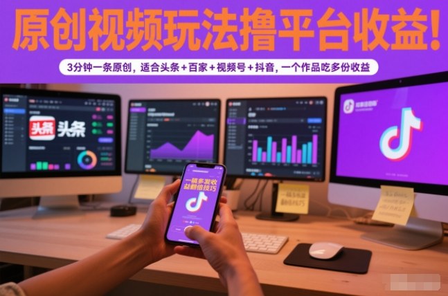 原创视频玩法撸平台收益,3分钟一条原创,适合头条+百家+视频号+抖音,一个作品吃多份收益-站长V课