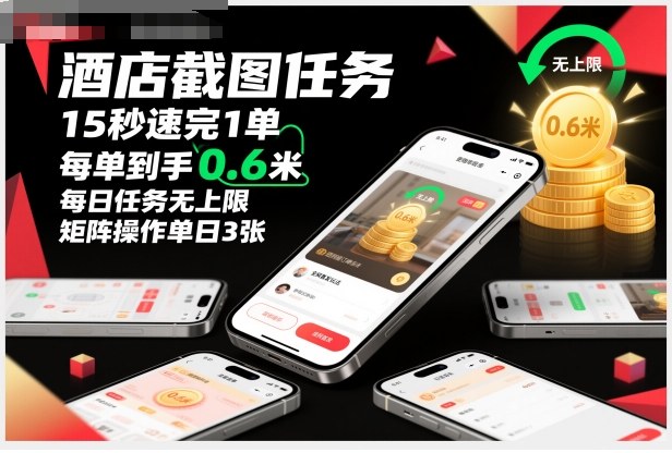 酒店截图任务,15秒速完1单,每单到手0.6米,每日任务无上限,全网首发玩法,矩阵操作单日3张【揭秘】-站长V课