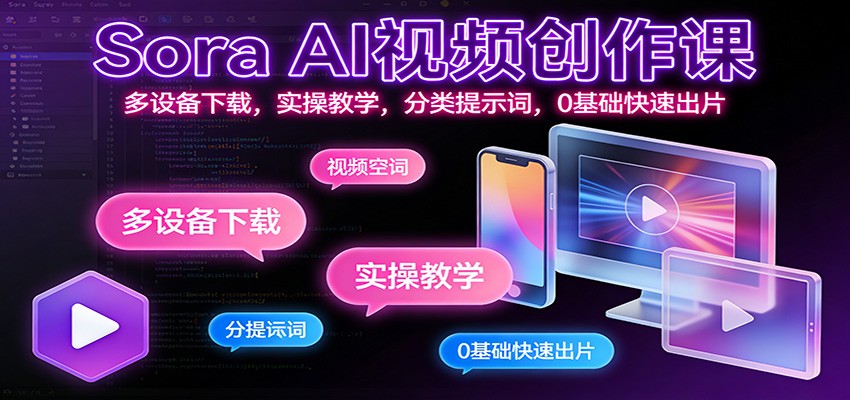 Sora AI视频创作课:多设备下载,实操教学,分类提示词,0基础快速出片-站长V课