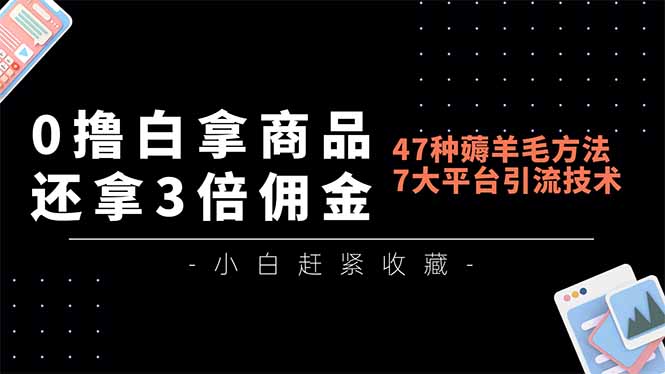 0撸白拿商品,还拿3倍佣金,47种薅羊毛方法,7大平台全方位引流技术教学,精专月入过万-站长V课