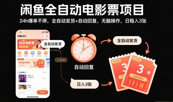 闲鱼全自动电影票项目,24h爆单不停,全自动发货+自动回复,无脑操作,日稳入3张【揭秘】-站长V课