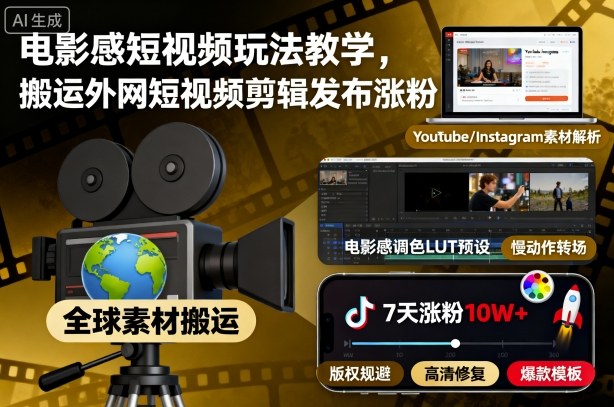 电影感短视频玩法教学，搬运外网短视频剪辑发布涨粉