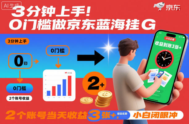 3分钟上手！0门槛做京东蓝海全自动掘金，2个账号当天收益3张+，小白闭眼冲【揭秘】