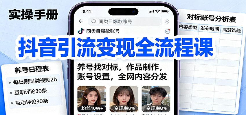 抖音引流变现全流程课：养号找对标，作品制作，账号设置，全网内容分发-站长V课