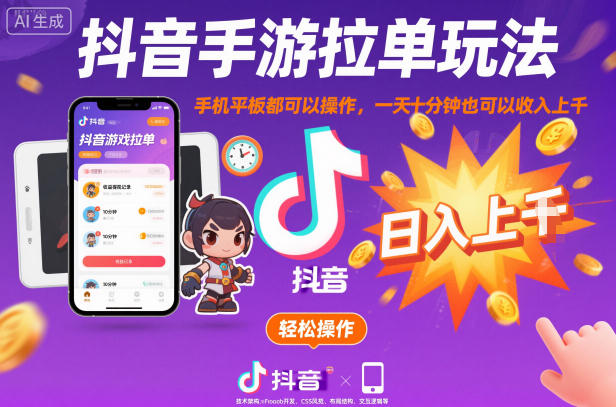 抖音手游拉单玩法,手机平板都可以操作,一天十分钟也可以收入上K【揭秘】-站长V课