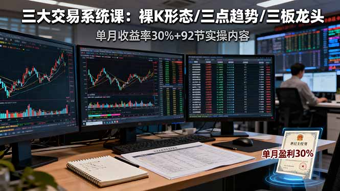三大交易系统课:裸K形态/三点趋势/三板体系,单月收益率30%+92节实操内容-站长V课