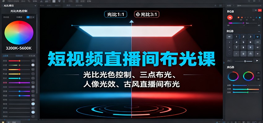 短视频直播间布光课：光比光色控制、三点布光、人像光效、古风直播间布光-站长V课