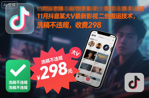 11月抖音某大V最新影视二创搬运技术,洗稿不违规,收费298-站长V课
